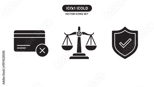 Black vector icons set of credit card cancellation, balance scales, and shield with checkmark for business, finance, and security concepts