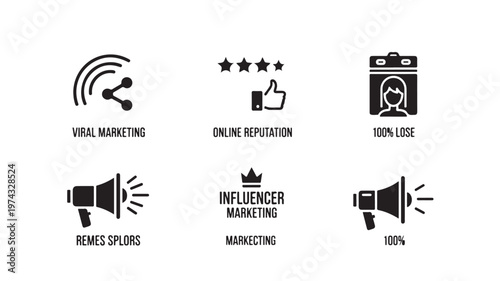Marketing icons for viral marketing, online reputation, and influencer campaigns on white background