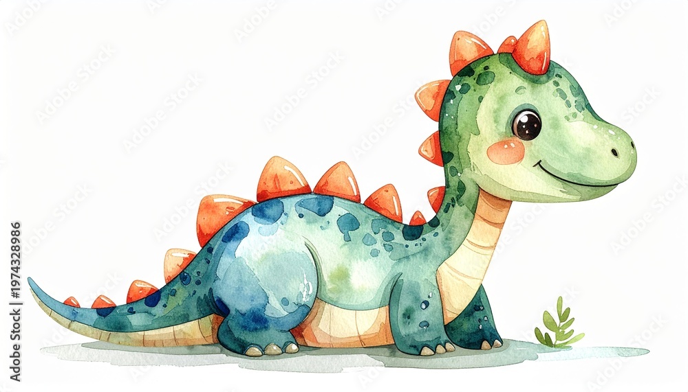 Fototapeta premium Minimalist watercolor illustration of Cute cartoon Baby dinosaur