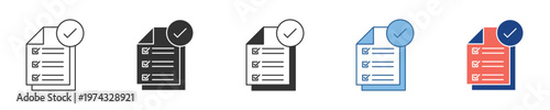 Diverse vector icon set illustrating completed documents, verified checklists, and approved tasks, perfect for interface design, project management, and digital success indicators