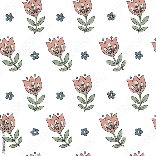 This vector illustration features a charming floral pattern perfect for Happy Mothering Sunday. The design includes pink flowers and blue accents on a white background, ideal for greeting cards or dec