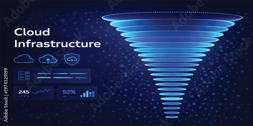 Cloud Infrastructure Technology with Data Processing Funnel, Cloud Computing Network, Digital Storage Analytics Dashboard, Futuristic IT Background
