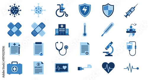 A comprehensive set of twenty-four blue-themed medical and healthcare vector icons, including symbols for viruses, treatment, and insurance.