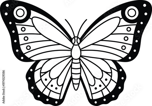 Symmetrical butterfly wings detailed line art for coloring page.