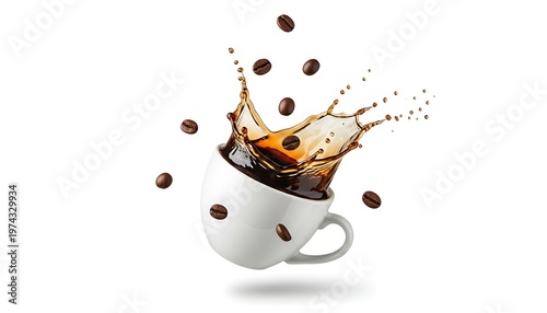 Dynamic Coffee Splash in White Cup with Floating Roasted Beans