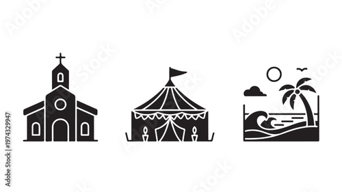 Black Silhouette Icons of Church, Big Top Tent, and Tropical Beach Scene