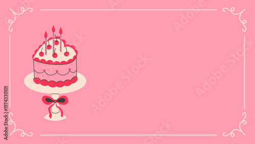 Happy Birthday Background with Copy Space for Text. Pink Girlish Empty Template with Cherry Cake Bow and Curly Frame Border. 1920x1080 ratio Backdrop Greeting Card Banner. Vector Illustration Flat