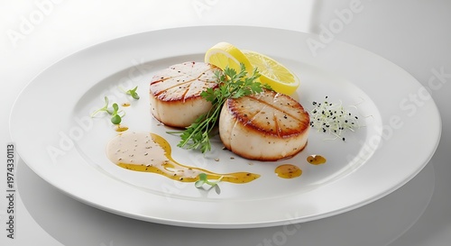 Gourmet Seared Scallops with Lemon Herb Garnish and Butter Sauce
