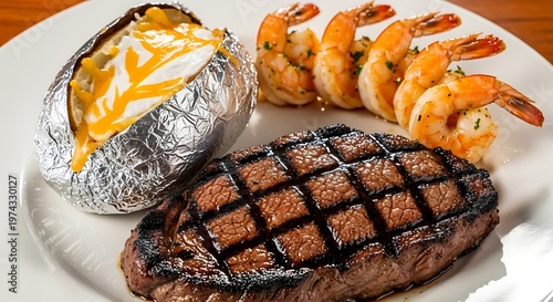 Grilled Surf and Turf Meal with Steak Shrimp and Baked Potato