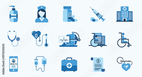 This collection of fifteen medical icons features various healthcare elements like a nurse, hospital building, stethoscope, and medical supplies in blue tones.