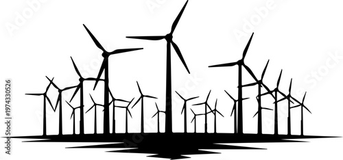 Wind turbines standing tall on a flat horizon silhouette vector illustration