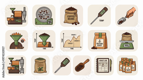 Coffee roasting production icon set featuring roasting machines, sacks, thermometers and packaging on beige squares, representing manufacturing while providing visual graphic assets for branding