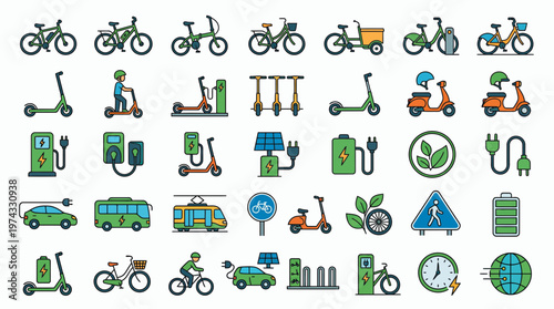 Collection of eco friendly urban transport icons featuring electric bikes, scooters, cars and charging stations, Represents sustainable mobility and provides green energy city concepts