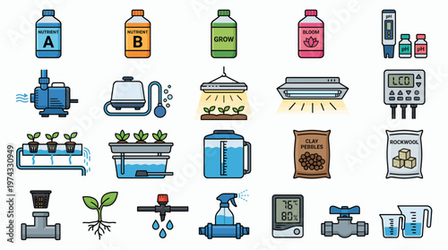 Detailed collection of hydroponic indoor gardening icons including nutrient bottles, grow lights and water pumps, representing sustainable urban farming and agricultural technology