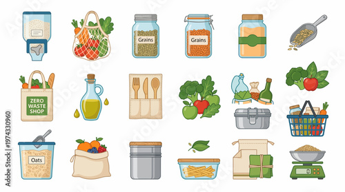Set of zero waste grocery icons with glass jars, bulk grain dispensers, reusable bags and organic produce on white background, Sustainable living and illustrating eco-friendly shopping