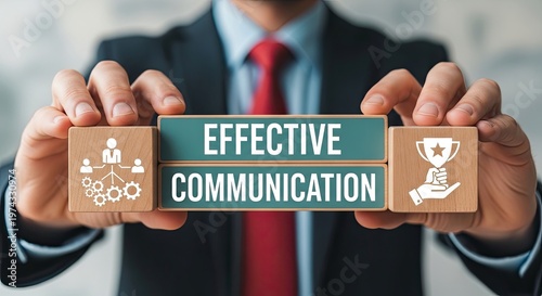A focused professional in a dark suit holds several blocks displaying effective communication text and success icons against a soft blurred office background.
