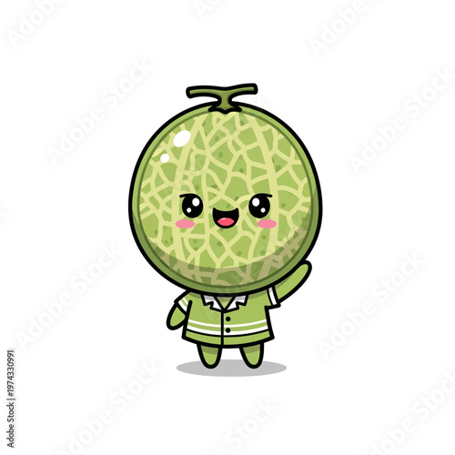 Kawaii chibi melon character mascot wearing green and white outfit waving hand, featuring a round muskmelon head with net texture, smiling face, and rosy cheeks on white background