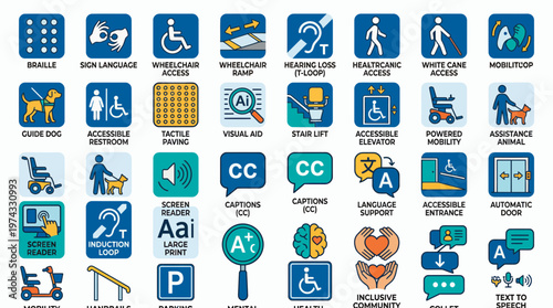 Set of accessibility and inclusion icons featuring disability symbols like wheelchair ramp, braille, hearing aid and guide dog, symbolizing universal design, illustrating social diversity