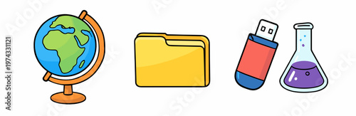 Colorful vector icons featuring a globe, folder, USB drive, and science flask. Flat educational set combines world study, file storage, and laboratory concepts.