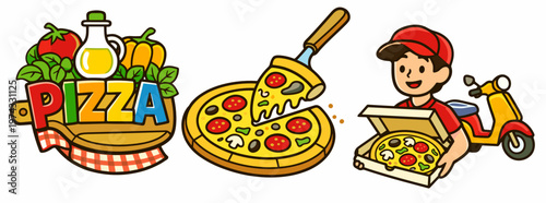Flat vector pizza delivery set including logo, whole pizza, courier and scooter on a white background. Cheerful fast food illustration for menu design, restaurant ads and delivery apps.