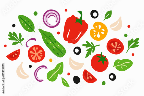 Fresh vegetable cluster with cucumber, pepper, tomatoes, basil, olives, onion and garlic in a clean flat style. White background artwork for menu design, healthy lifestyle and cooking.