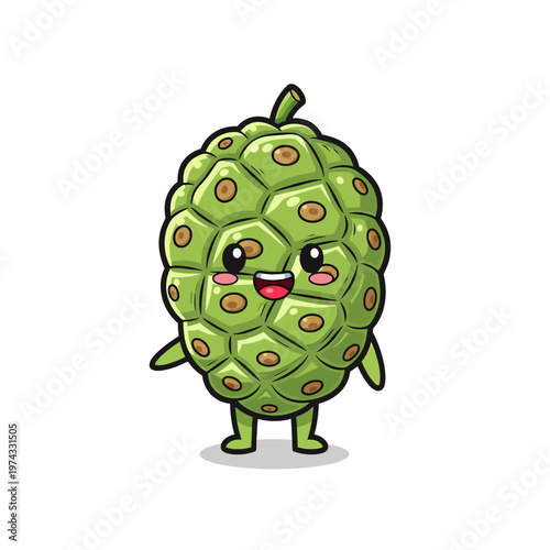 Chibi noni fruit character mascot with a smiling face, pink cheeks, and green bumpy skin with brown spots, isolated on a white background, Morinda citrifolia cartoon illustration.