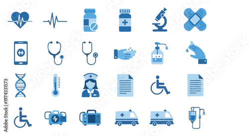 A collection of various blue and light blue medical icons, including symbols for ambulances, stethoscopes, DNA, and pharmaceutical bottles.