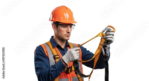 Safety specialist inspecting industrial climbing harness and lanyard