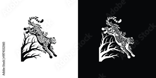 Black and white cheetah jumping over tree branch silhouettes