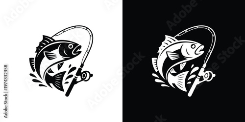 Black and white fish with fishing rod symbol two versions