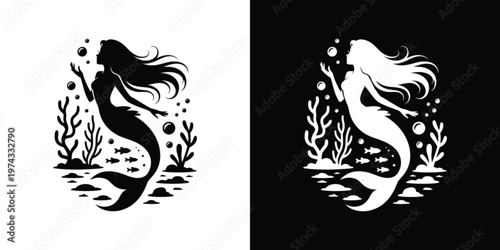 Fototapeta premium Black and white mermaid silhouettes with seaweed and fish 1
