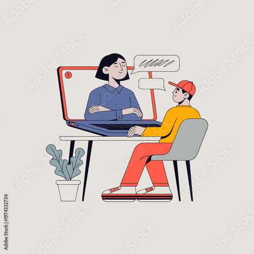 Online Therapy Session on Laptop Flat Vector Illustration
