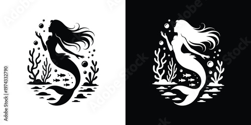 Black and white mermaid silhouettes with seaweed and fish 1