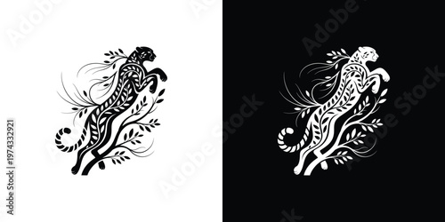 Black and white of a leaping cheetah with floral animal