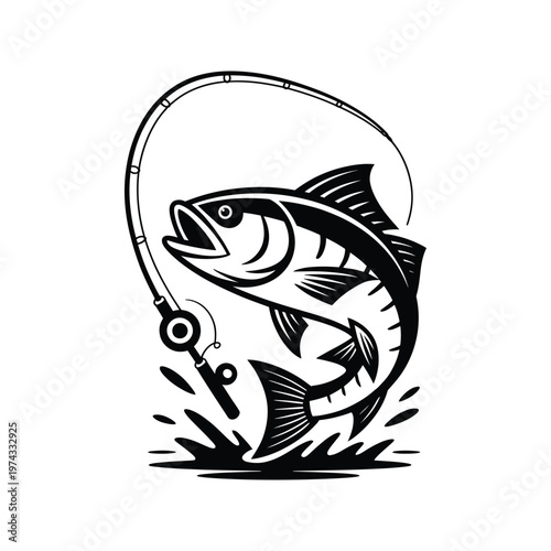 Black and white of a fish jumping out of water caught on a fishing rod