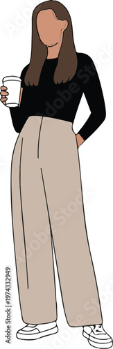 Minimalist flat fashion illustration of casual woman holding coffee cup wearing black top khaki pants and white sneakers style