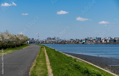 都県境を流れる多摩川の河口の風景