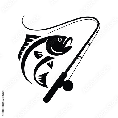 Black fish jumping out of water with fishing rod white background