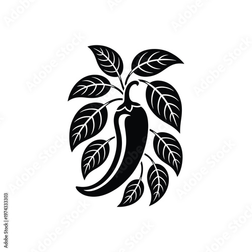 Black silhouette chili pepper with leaves white background