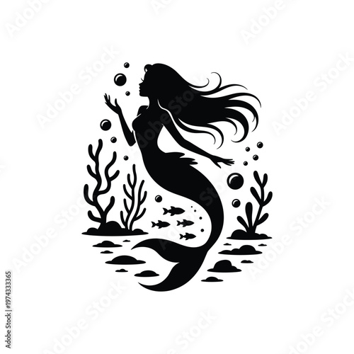 Black silhouette of a mermaid swimming underwater with seaweed and fish