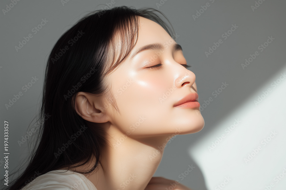 Naklejka premium 柔らかい自然光とみずみずしい女性の美容ポートレート バスルームの背景