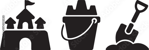 Sand castle bucket and shovel set silhouette icons for beach play in outline style