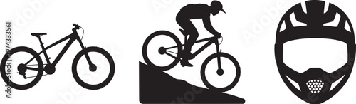 Set of mountain bikes and rider silhouette with helmet, cycling icons for downhill and adventure