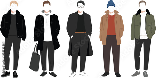 Clean vector fashion illustration of men wearing winter outfits including coats hoodies and suits arranged in horizontal minimal composition