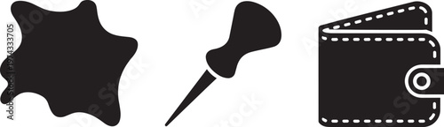 Set of three icons representing leather, awl tool, and wallet in silhouette style in outline style
