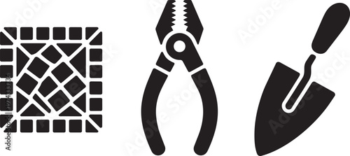 Set of three tools including paving stones, pliers, and a trowel for gardening and construction