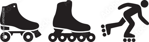 Set of two roller skates and one inline skater icon illustration for skating and silhouette