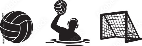 Set of three water sports icons: volleyball, water polo player, and goal in outline style