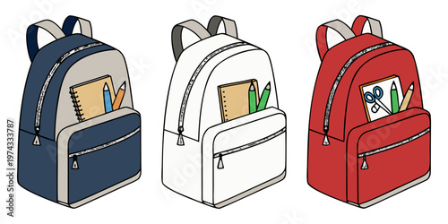 A realistic photo of three school backpacks standing upright side by side on a transparent or white background. One backpack is navy blue, the second is light gray, and the third is bright red. Each b