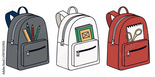 A realistic photo of three school backpacks standing upright side by side on a transparent or white background. One backpack is navy blue, the second is light gray, and the third is bright red. Each b